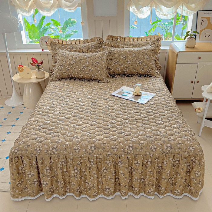 91家纺网 家纺一手货源 找家纺 2025新款全棉夹棉床裙 茶野