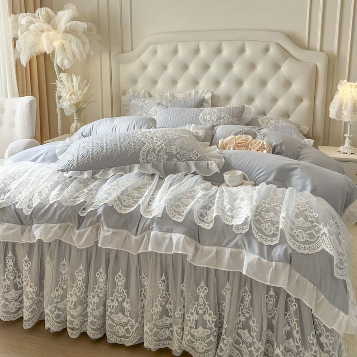 91家纺网 家纺一手货源 找家纺 恋尚 2025新款木凉淳浪漫蕾丝床裙三件套-米朵 米朵-浅灰