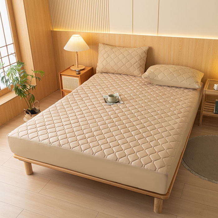 91家纺网 家纺一手货源 找家纺 梵克保罗 2025新款纯色加棉防水大豆纤维床笠 米咖