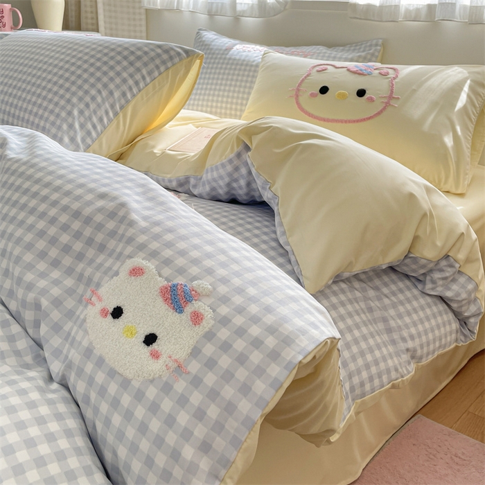 91家纺网 家纺一手货源 找家纺 星座家纺 2025新款水洗棉毛巾绣四件套 笑脸KT 蓝黄