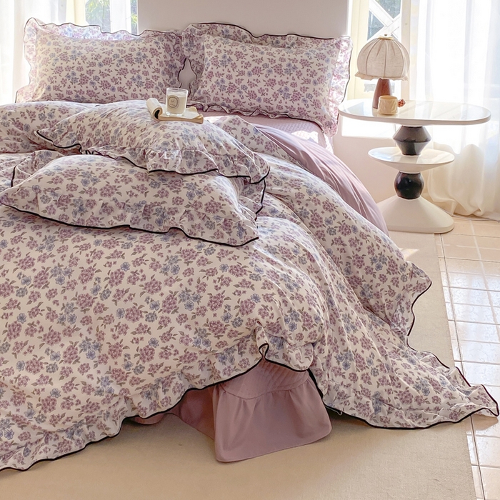 91家纺网 家纺一手货源 找家纺 仟网汇 2025新款赫本针织双层纱床盖四件套 绮梦