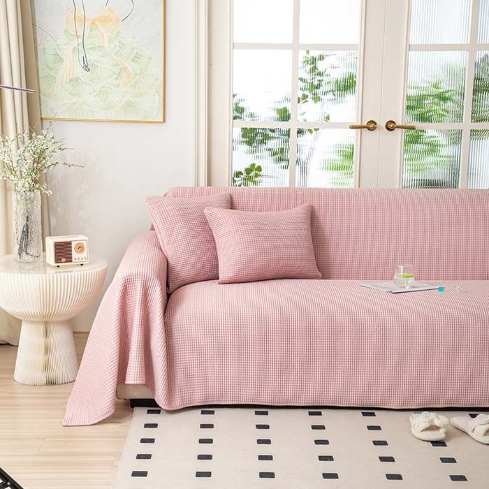 91家纺网 家纺一手货源 找家纺 沐沐家纺 2026新款冰豆豆华夫格沙发巾 粉色