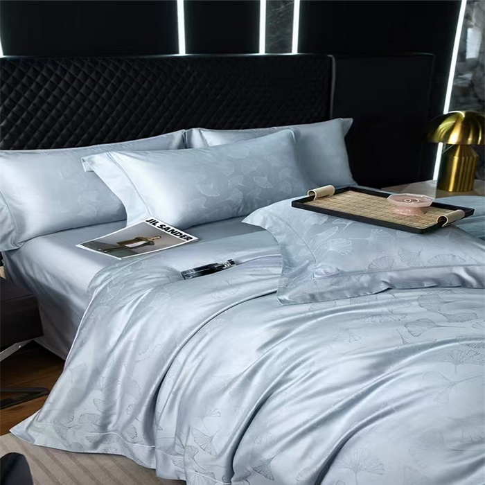 91家纺网 家纺一手货源 找家纺 优品阁 2024新款长绒棉贡缎提花--欧式轻奢提花系列叶叶情深-海洋蓝