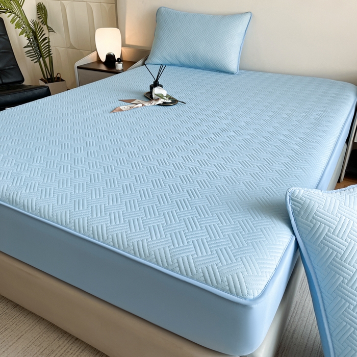 91家纺网 家纺一手货源 找家纺 梵克保罗 2025新款凉感丝床笠凉席三件套--饼干系列 天蓝