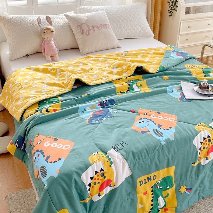 91家纺网 家纺一手货源 找家纺 （自己工厂 有网销大热款 网销帮推可合作优惠）2025新款全棉夏被空调被夏凉被纯棉夏季儿童棉花薄被子 恐龙家族-绿