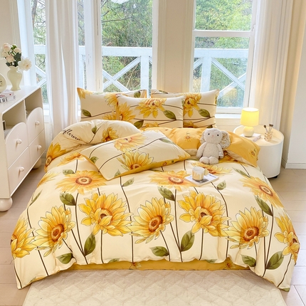 91家纺网 家纺一手货源 找家纺 念家居 2025新款直播爆款三件套印花小清新13070全棉四件套 向阳花开