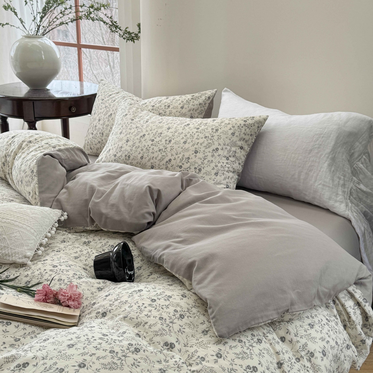 91家纺网 家纺一手货源 找家纺 时年家纺 2025春夏新款全棉纯棉有氧双层纱四件套-碎花系列 秋月白