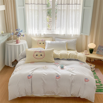 星座家纺 2025新款水洗棉毛巾绣四件套 笑脸KT 蓝黄