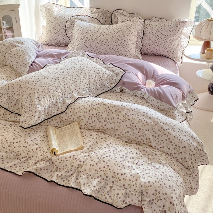 91家纺网 家纺一手货源 找家纺 仟网汇 2025新款赫本针织双层纱床盖四件套 小紫花