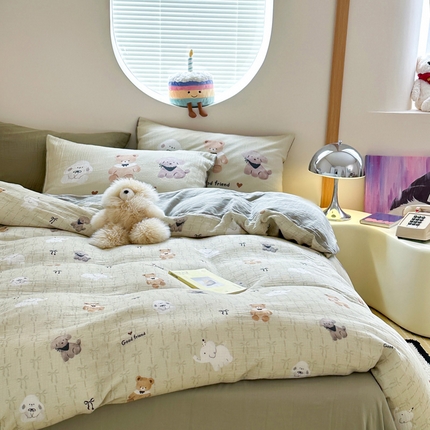 91家纺网 家纺一手货源 找家纺 （总）卡巴伦家纺 2025新款全棉皱皱纱大版卡通数码印花款四件套一