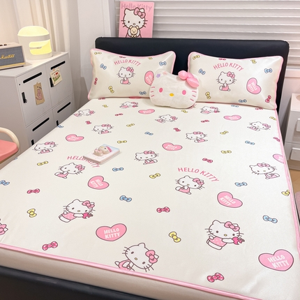 暮思家居 2025新款三丽鸥正版授权数码印花A类可机洗1200D冰丝凉席三件套平铺款系列 平铺款-公主KT
