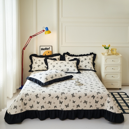 蝶帕家纺 2025新款法式赫本风韩版花边水洗棉床盖四件套 蝴蝶印记