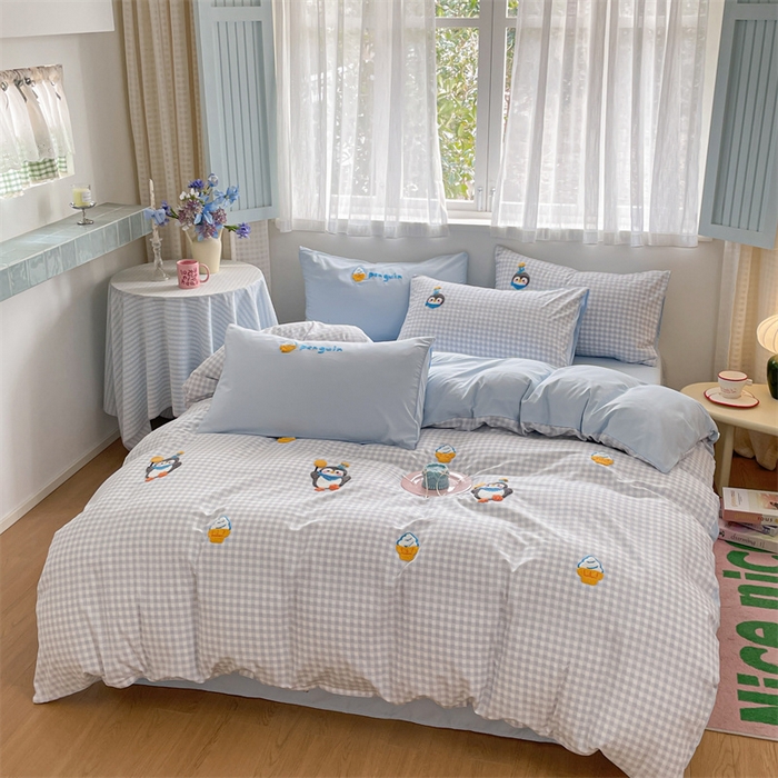 91家纺网 家纺一手货源 找家纺 星座家纺 2025新款水洗棉毛巾绣四件套 精灵企鹅