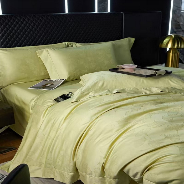 91家纺网 家纺一手货源 找家纺 优品阁 2024新款长绒棉贡缎提花--欧式轻奢提花系列叶叶情深-牛油果绿