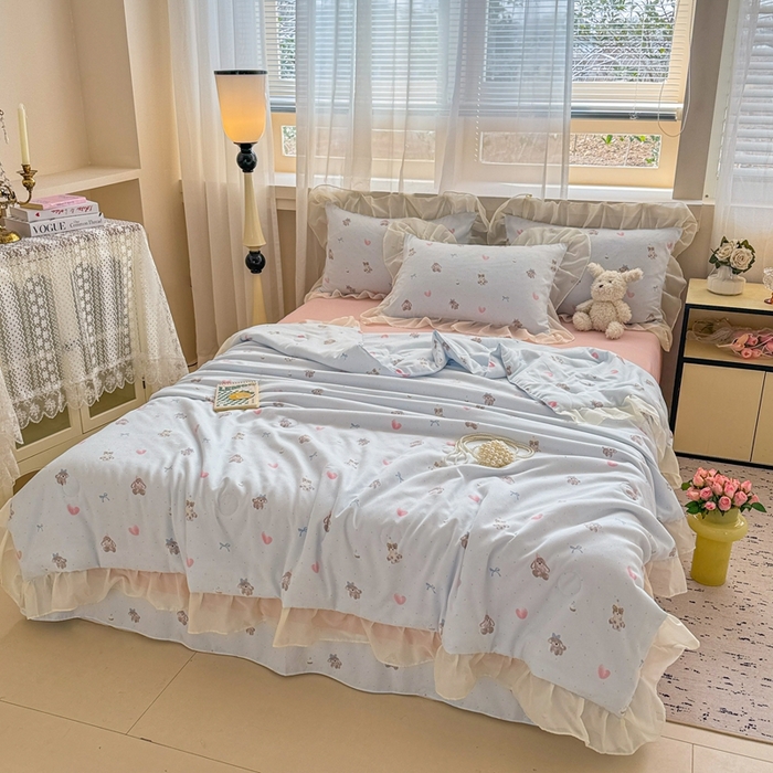 91家纺网 家纺一手货源 找家纺 芯贝儿 2025新款提花针织水洗m双层纱夏被四件套 萌宠