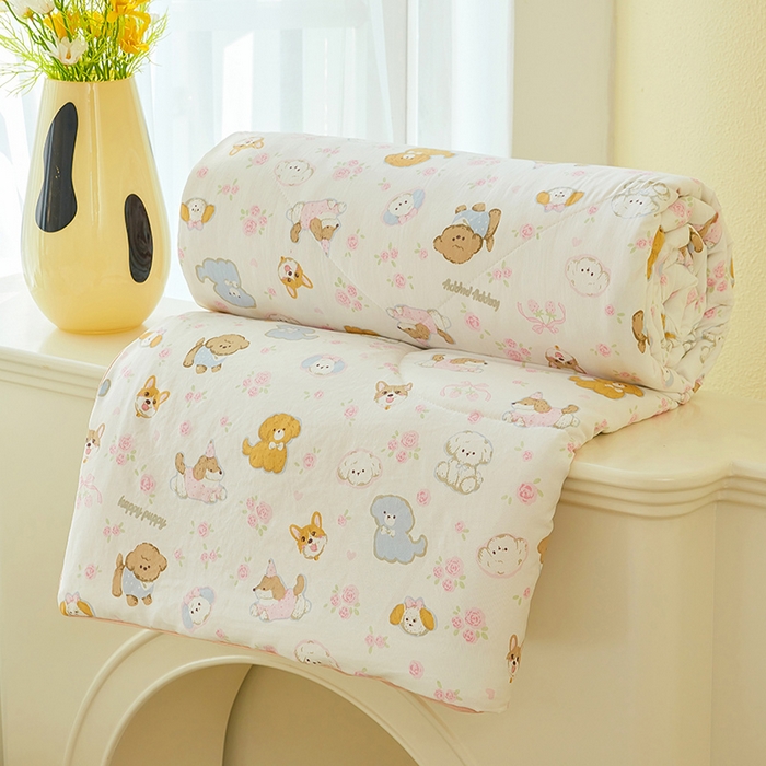 91家纺网 家纺一手货源 找家纺 梦恬佳 2025新款A类水洗皱皱棉夏凉被 灰萌小狗