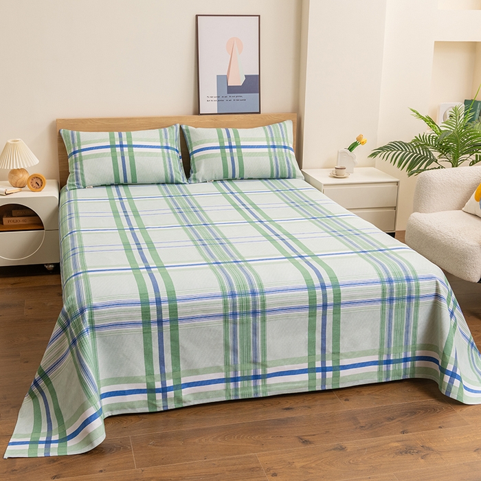 91家纺网 家纺一手货源 找家纺 2025新款老粗布床单老粗布凉席三件套系列-床单 格韵-绿