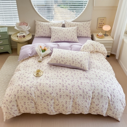 （买家秀爆款花型不断货）2025年新款A类母婴级针织棉双层纱印花被套三件套全棉纯棉被套纯色床笠四件套 紫韵