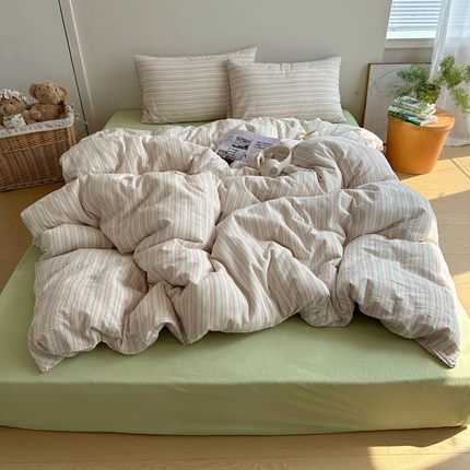 91家纺网 家纺一手货源 找家纺 艾咪-Amy ntmy 2025新款条纹款全棉色织水洗棉四件套 时光绿