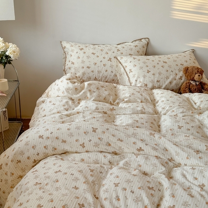 2025全棉双层纱贝壳边四件套 睡睡熊