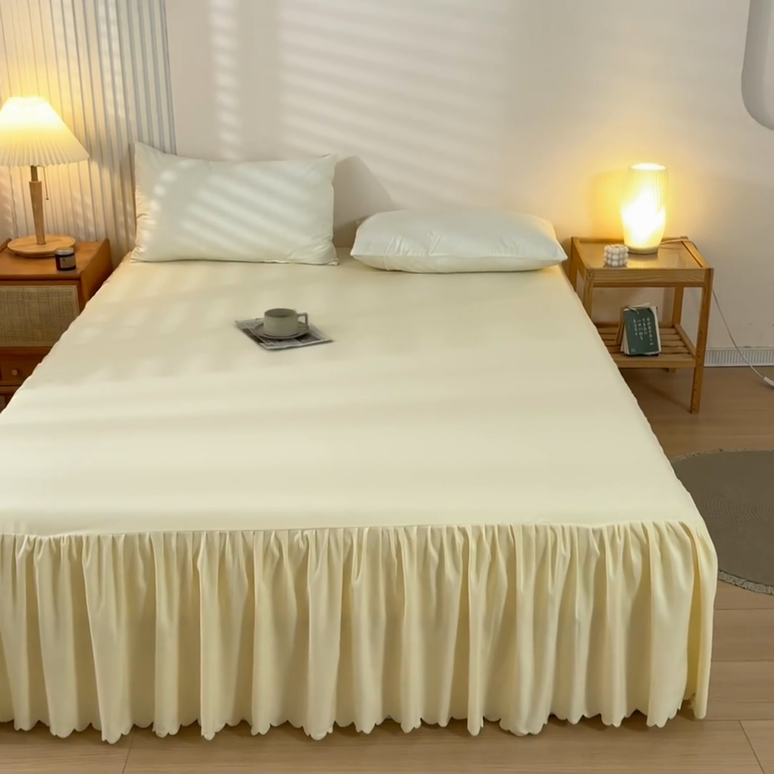 91家纺网 家纺一手货源 找家纺 梵克保罗 2025新款亲肤磨毛舒适柔软纯色Q系列床裙 Q-奶油白