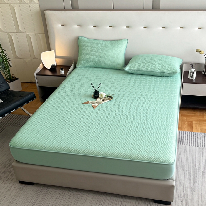 91家纺网 家纺一手货源 找家纺 梵克保罗 2025新款凉感丝床笠饼干系列凉席枕套 绿色