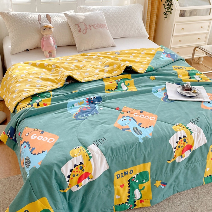 91家纺网 家纺一手货源 找家纺 （自己工厂 有网销大热款 网销帮推可合作优惠）2025新款全棉夏被空调被夏凉被纯棉夏季儿童棉花薄被子 恐龙家族-绿