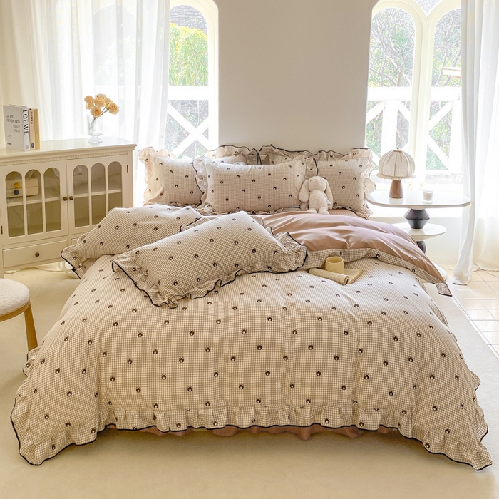 91家纺网 家纺一手货源 找家纺 仟网汇 2025新款赫本针织双层纱床盖四件套 旺仔