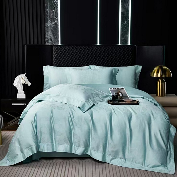 91家纺网 家纺一手货源 找家纺 优品阁 2024新款长绒棉贡缎提花--欧式轻奢提花系列叶叶情深-月光蓝