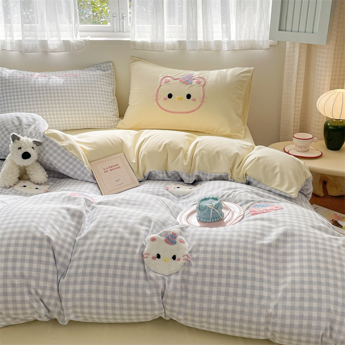 91家纺网 家纺一手货源 找家纺 星座家纺 2025新款水洗棉毛巾绣四件套 笑脸KT 蓝黄