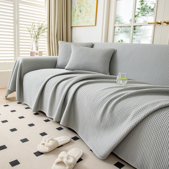 91家纺网 家纺一手货源 找家纺 沐沐家纺 2026新款冰豆豆华夫格沙发巾 灰色