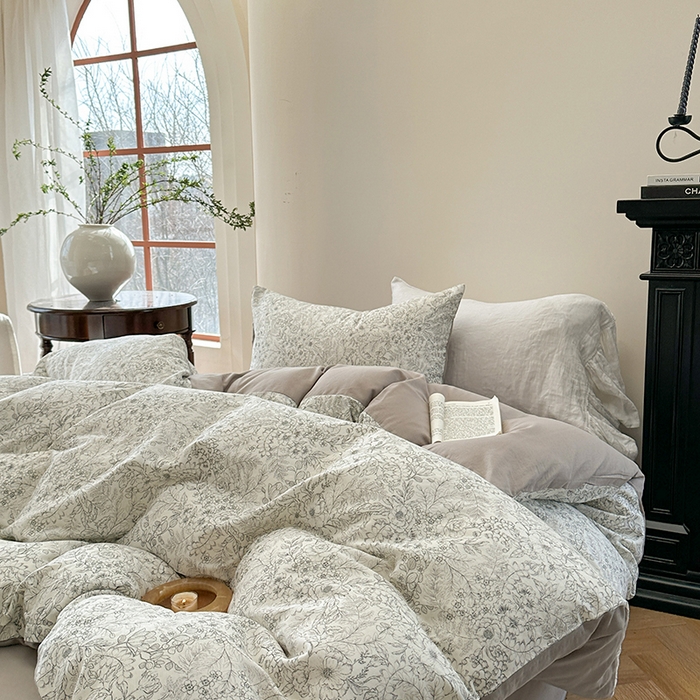 91家纺网 家纺一手货源 找家纺 时年家纺 2025新款全棉有氧双层纱四件套-碎花系列 潇潇暮雨