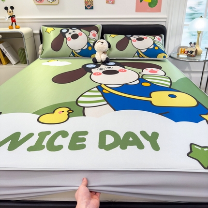 丝羽坊 2025新款大版印花冰丝凉席冰丝席碳光冰丝凉席-床笠款 飞行员-绿 