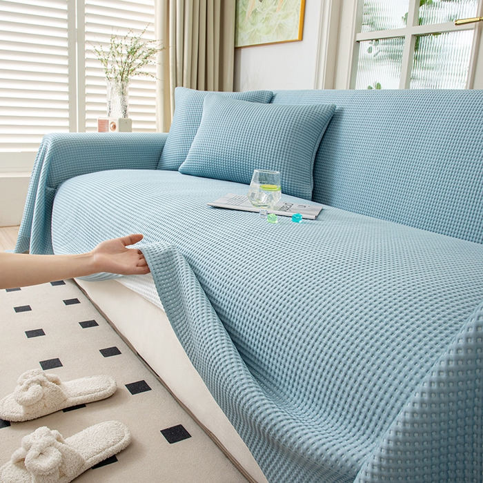 91家纺网 家纺一手货源 找家纺 沐沐家纺 2026新款冰豆豆华夫格沙发巾 蓝色