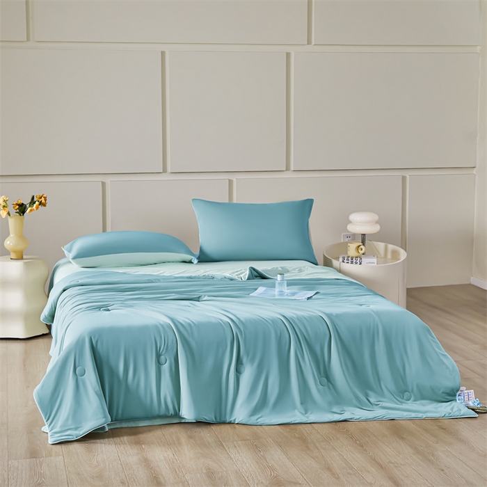 91家纺网 家纺一手货源 找家纺 雯豆家纺 2025夏季新品7A抗菌氨纶凉感丝夏凉被冰丝双人抑菌薄款透气薄被芯 冻冻凉感夏被-云天蓝+星云蓝