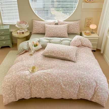 （买家秀爆款花型不断货）2025年新款A类母婴级针织棉双层纱印花被套三件套全棉纯棉被套纯色床笠四件套 初夏