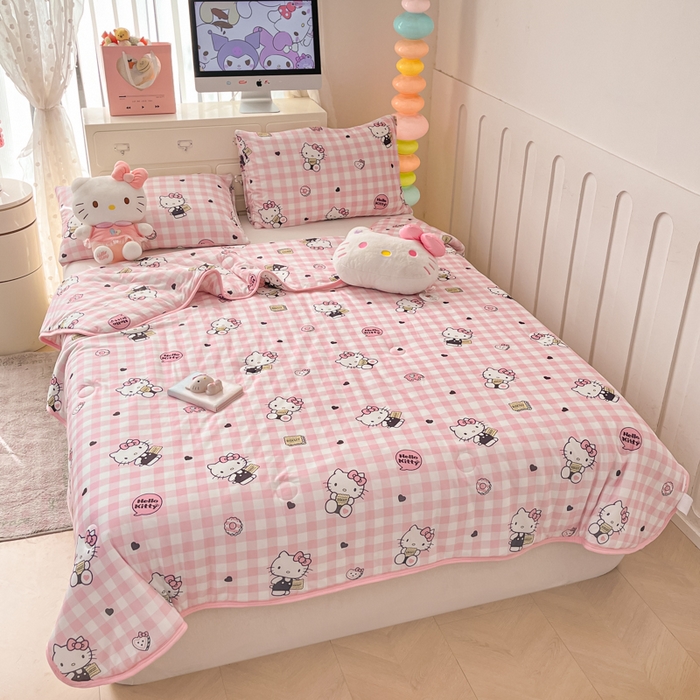 91家纺网 家纺一手货源 找家纺 暮思家居 2025新款正版授权三丽鸥A类牛奶针织棉夏被子被芯 针织棉-粉格KT