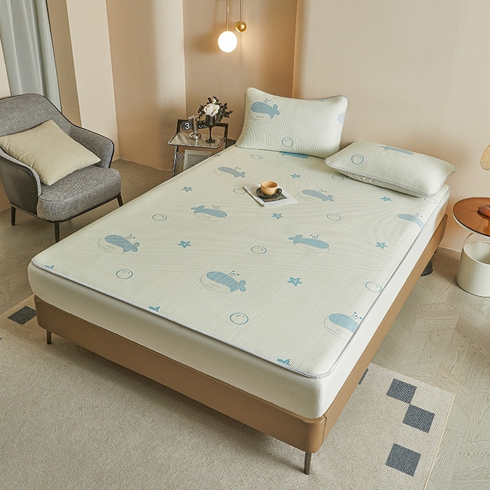 91家纺网 家纺一手货源 找家纺 柔品2025新款PE中分子凉感提花凉席系列 蓝鲸 奶绿-床席款