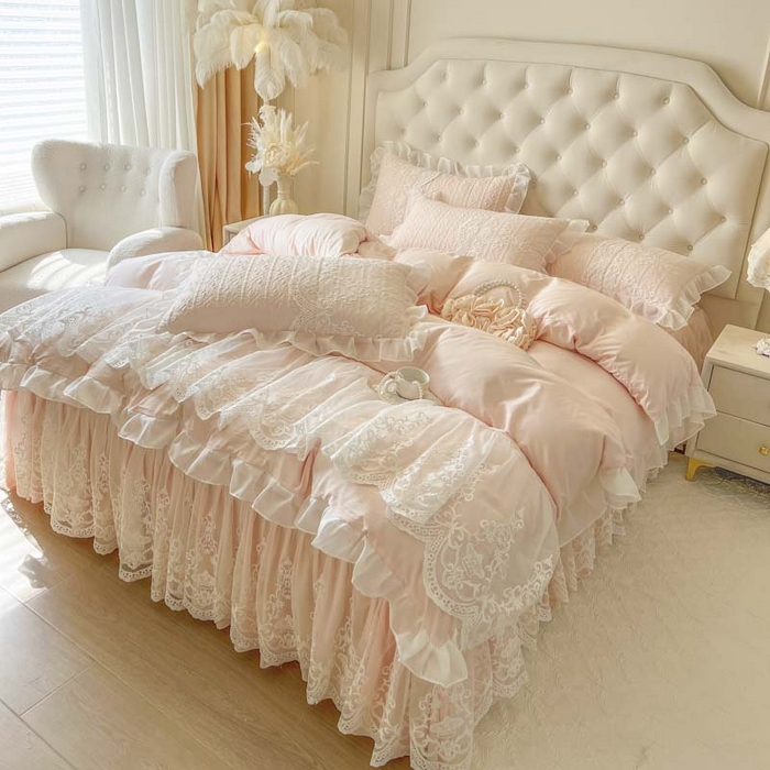 91家纺网 家纺一手货源 找家纺 （总）恋尚 2025新款木凉淳浪漫蕾丝床裙三件套-米朵