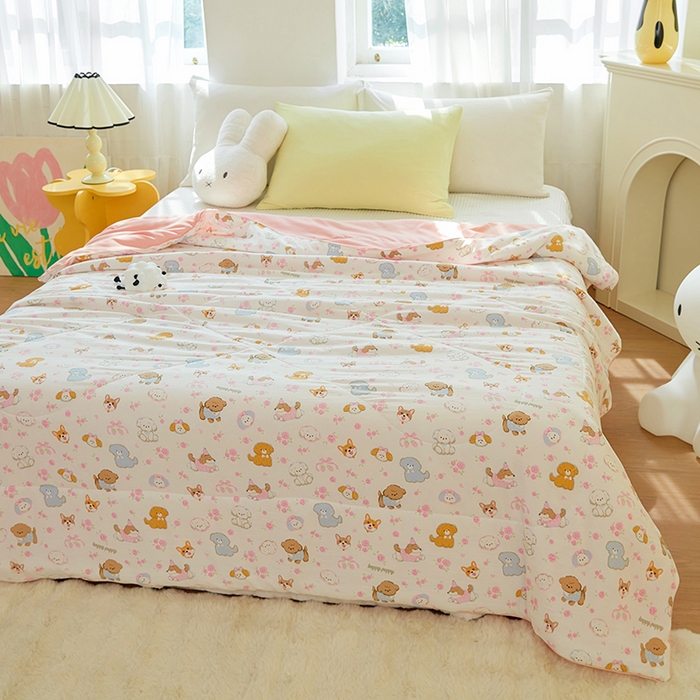 91家纺网 家纺一手货源 找家纺 梦恬佳 2025新款A类水洗皱皱棉夏凉被 灰萌小狗