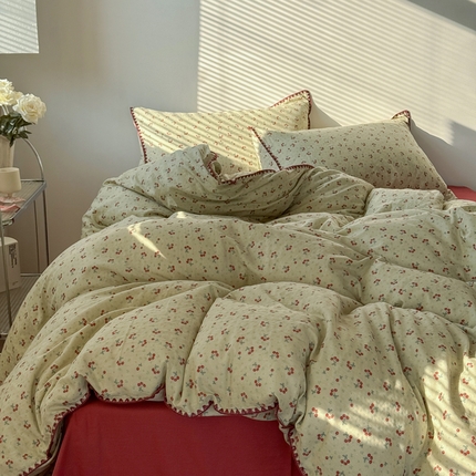 2025全棉双层纱贝壳边四件套 小樱桃