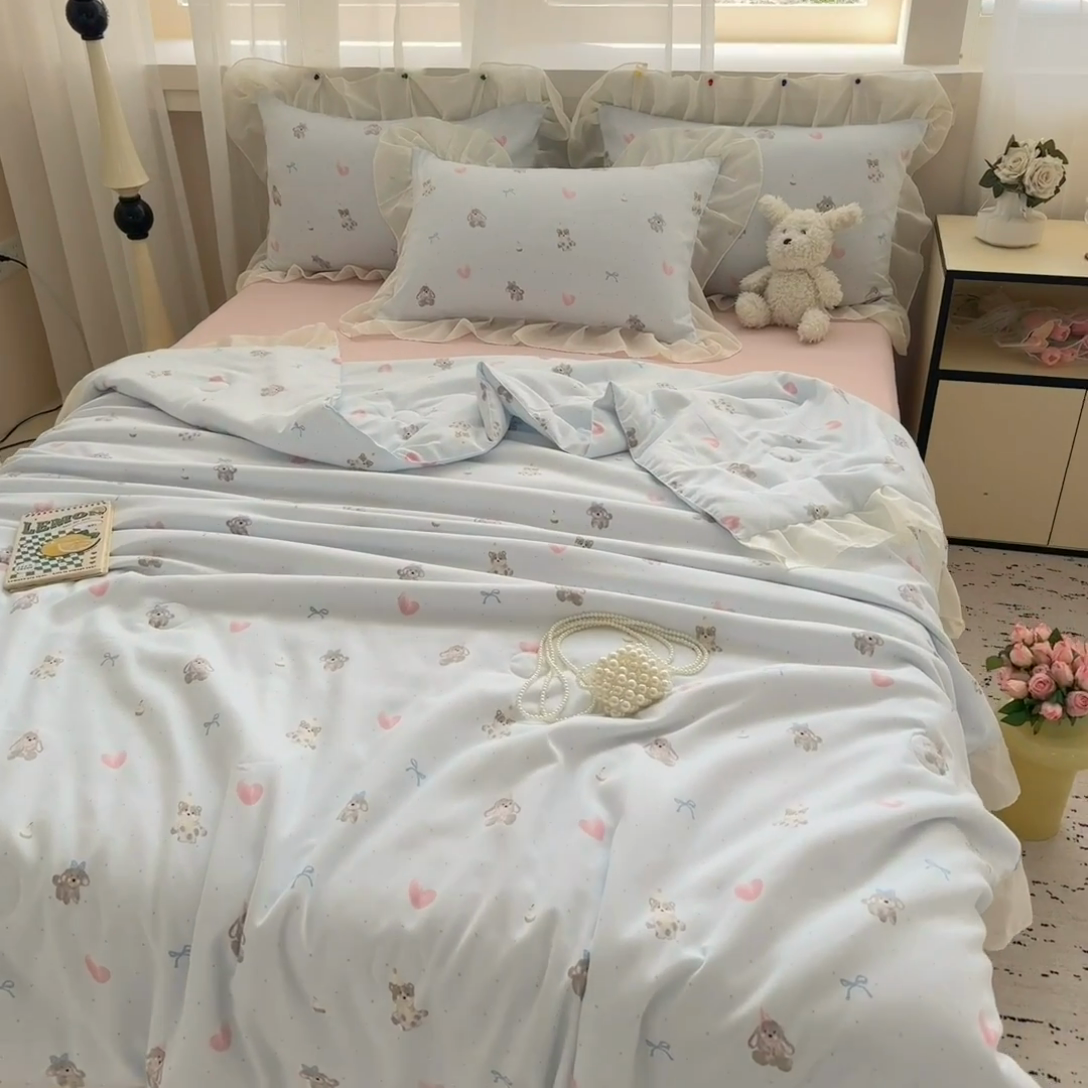 91家纺网 家纺一手货源 找家纺 芯贝儿 2025新款提花针织水洗m双层纱夏被四件套 萌宠