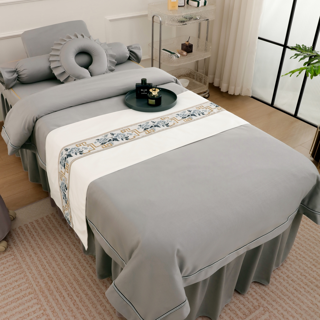 91家纺网 家纺一手货源 找家纺 千姿坊美 容床罩 2025新款永恒美 容床四件套 601永恒灰色