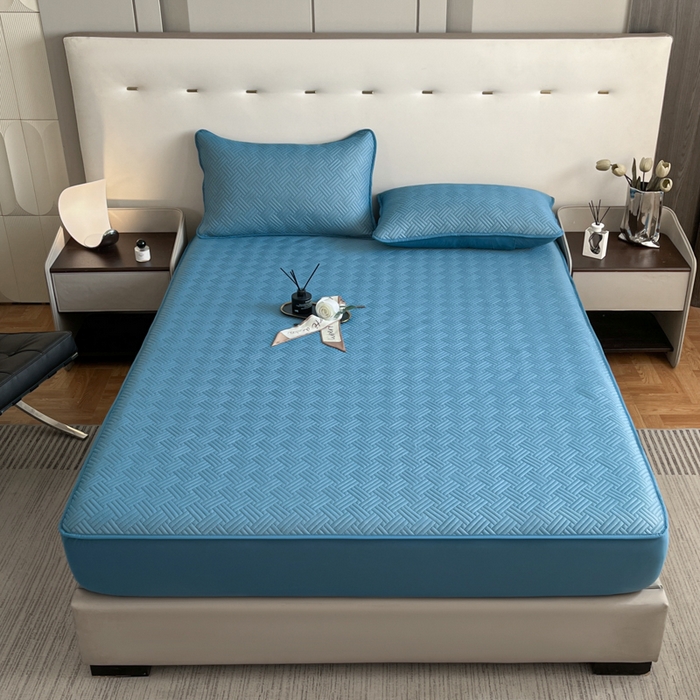 91家纺网 家纺一手货源 找家纺 梵克保罗 2025新款凉感丝床笠饼干系列凉席枕套 蓝色