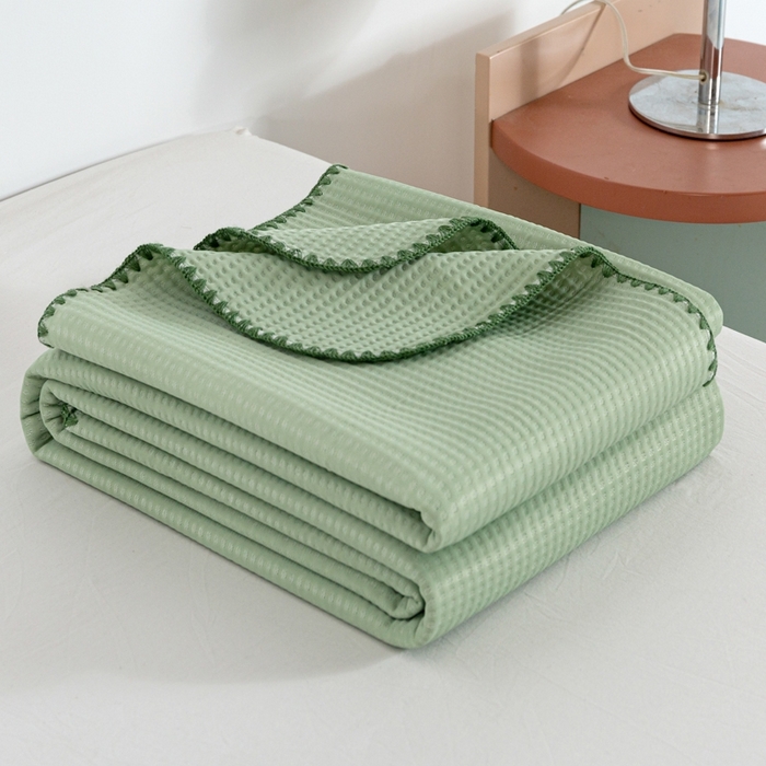 91家纺网 家纺一手货源 找家纺 柏薇2025新款A类华夫格400g凉感丝盖毯多功能双面用凉感夏凉被 双面纯凉感-橄榄绿
