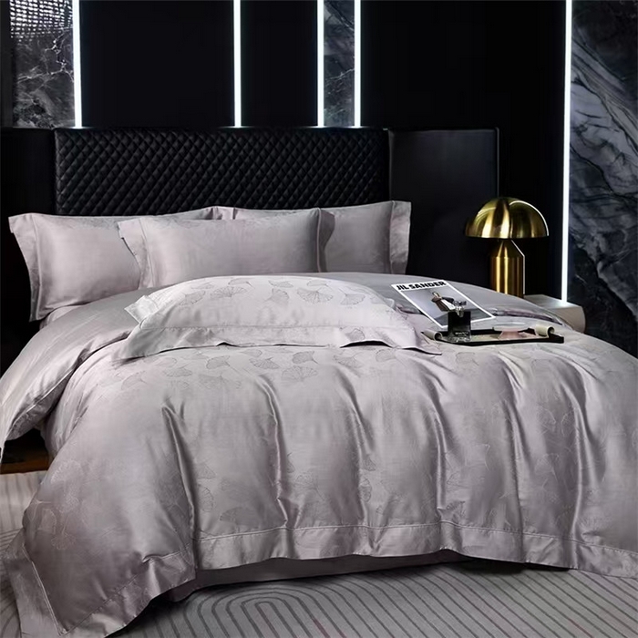 91家纺网 家纺一手货源 找家纺 优品阁 2024新款长绒棉贡缎提花--欧式轻奢提花系列叶叶情深-淡雅灰