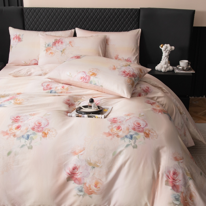 91家纺网 家纺一手货源 找家纺 氧家 2025新款60s贡缎长绒棉数码印花四件套（礼盒装） 芙贝拉