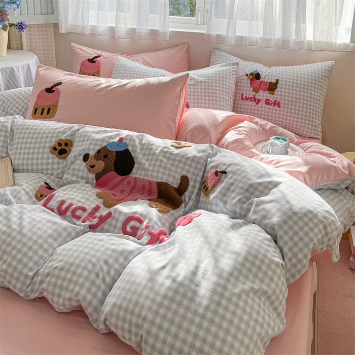 91家纺网 家纺一手货源 找家纺 星座家纺 2025新款水洗棉毛巾绣四件套 哈哈狗