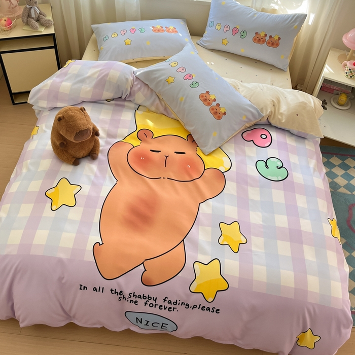 91家纺网 家纺一手货源 找家纺 博雅 2025新款全棉大版印花四件套-卡皮巴拉 星星卡皮巴拉