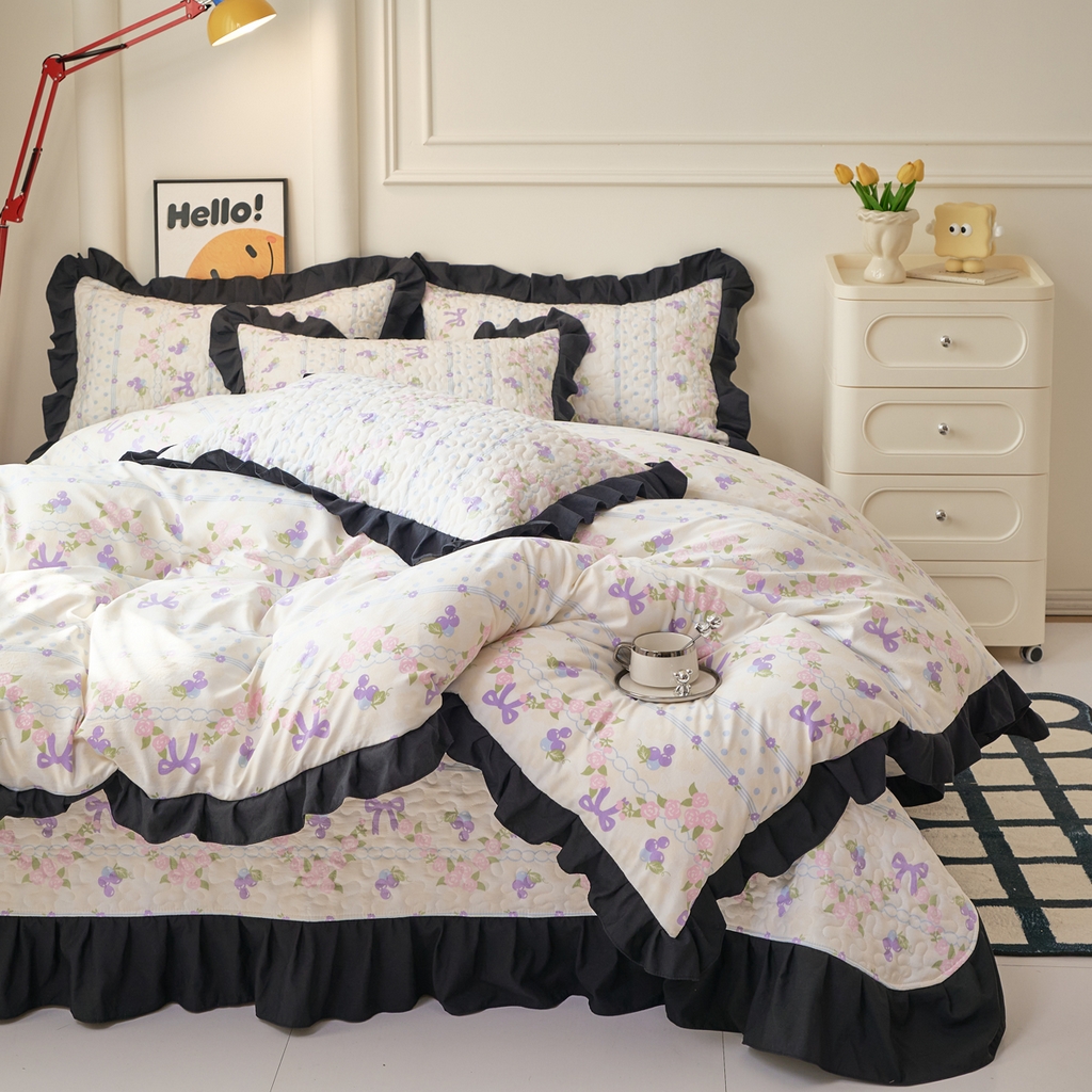 91家纺网 家纺一手货源 找家纺 蝶帕家纺 2025新款法式赫本风韩版花边水洗棉床盖四件套 氧气周末